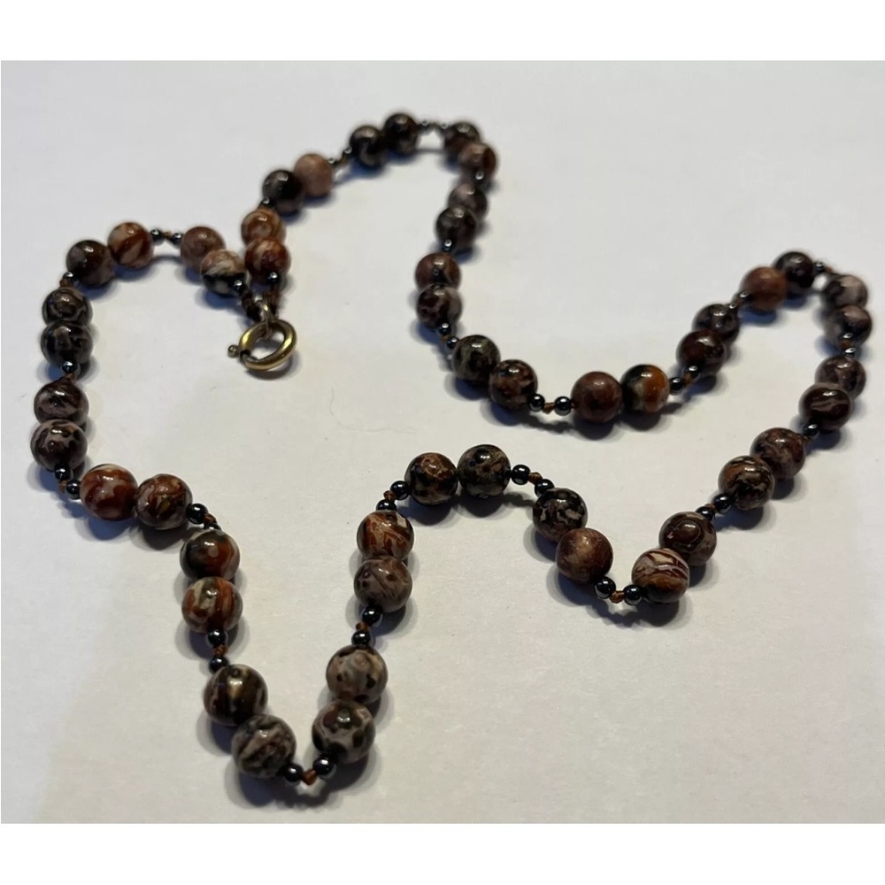 Real Vintage Estate Natural Leopard Skin Jasper Beaded Necklace Hand Knotted 12k